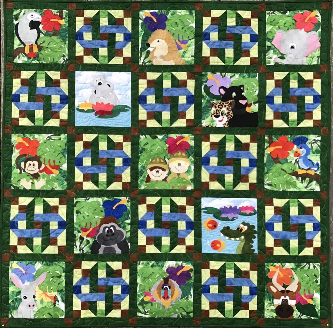A quilt with many different animals on it