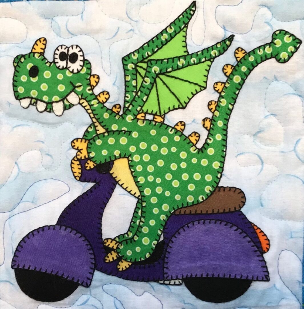 A green dragon riding on the back of a purple scooter.