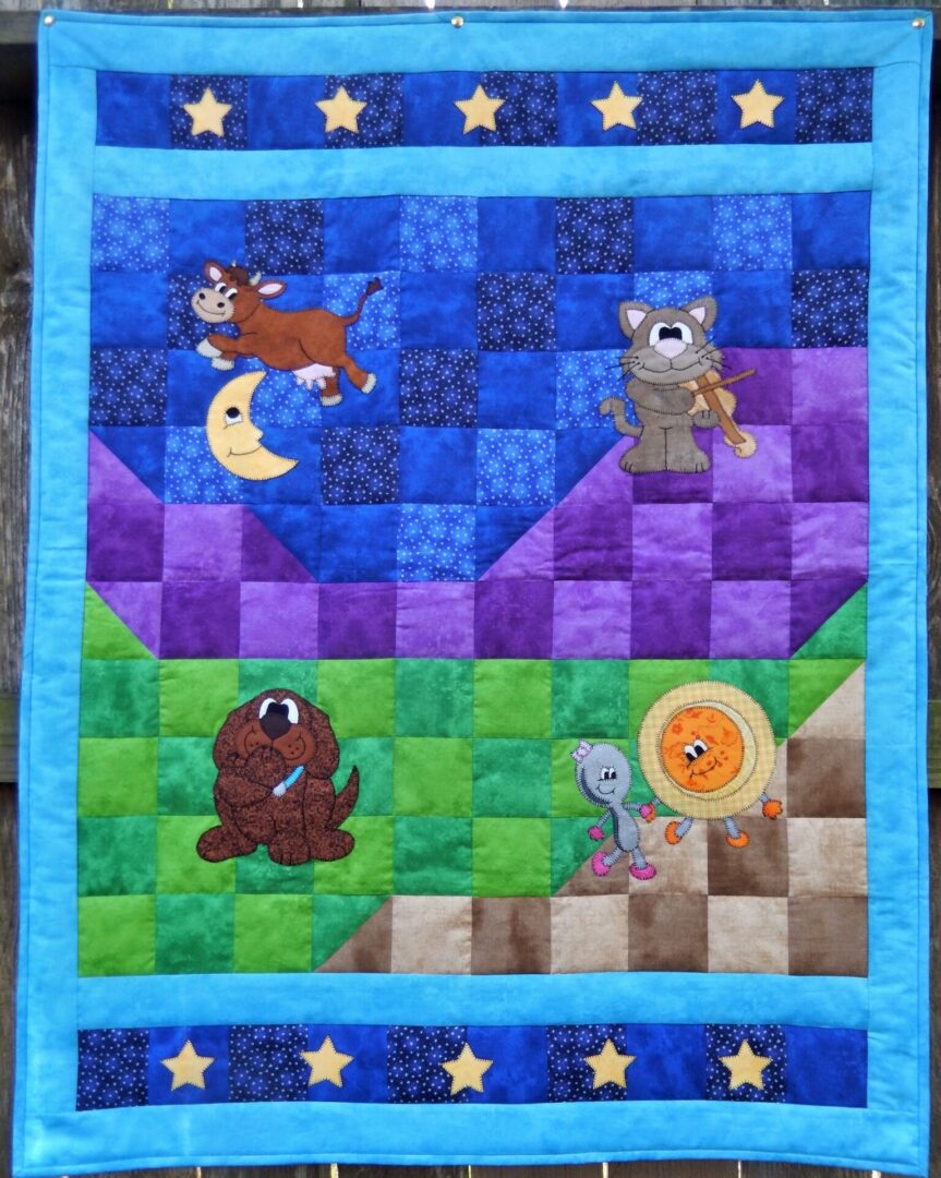 A quilt with bears and other animals on it.