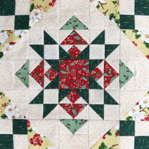 A close up of the center block of a quilt