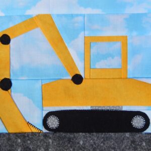 A yellow and black construction truck on top of a blue sky.