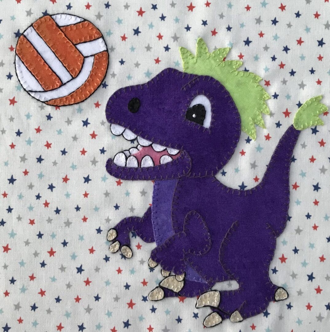 A purple dinosaur with spiky hair is playing volleyball.