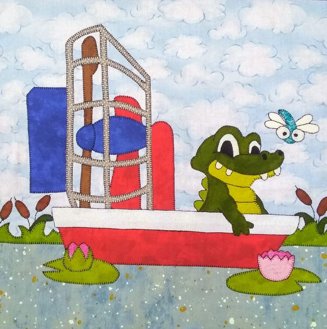 A cartoon of a small alligator in a boat.