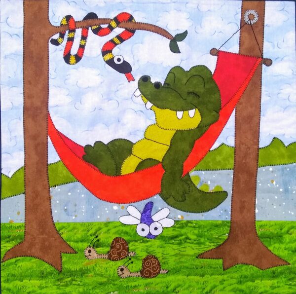 A painting of an alligator in a hammock.