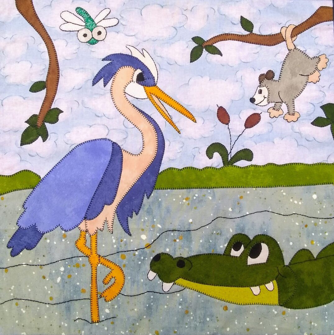 A painting of an alligator and a bird