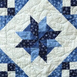 A quilt with blue and white squares on it.