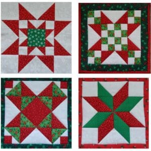 Four different quilt blocks with red and green designs.