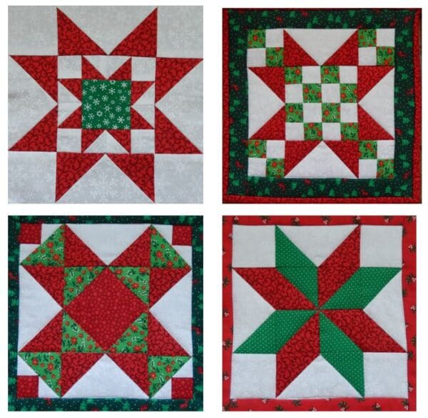 Four different quilt blocks with red and green designs.