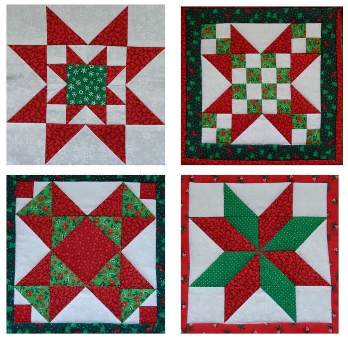 Four different quilt blocks with red and green designs.