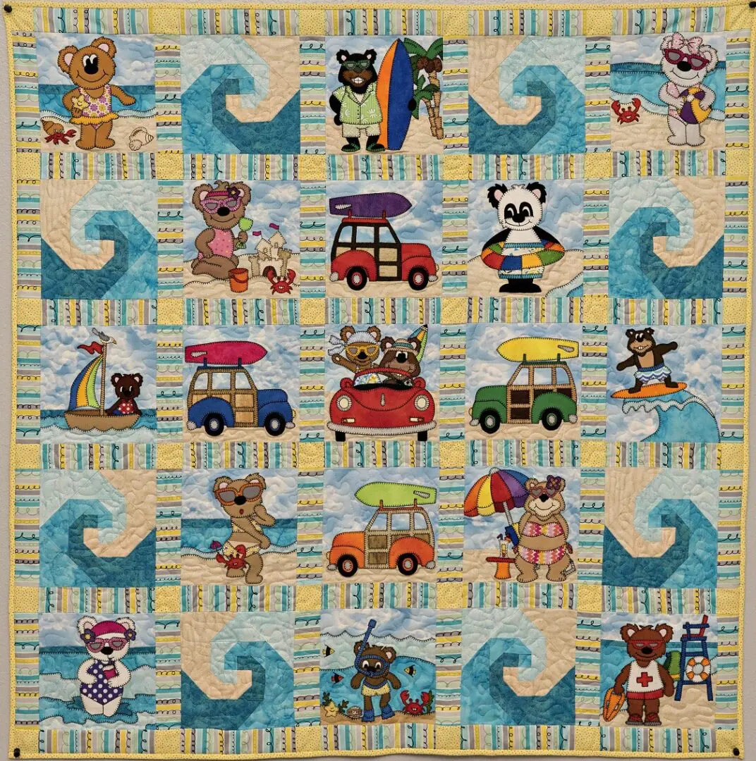 A quilt with bears and cars on it.