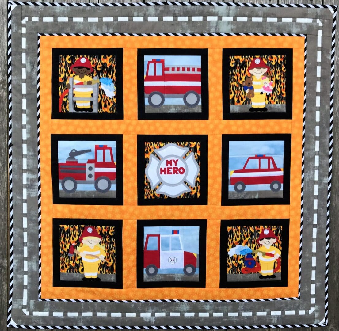A quilt with nine different pictures of firetrucks.