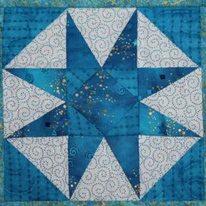 A blue and white quilt with a star on it