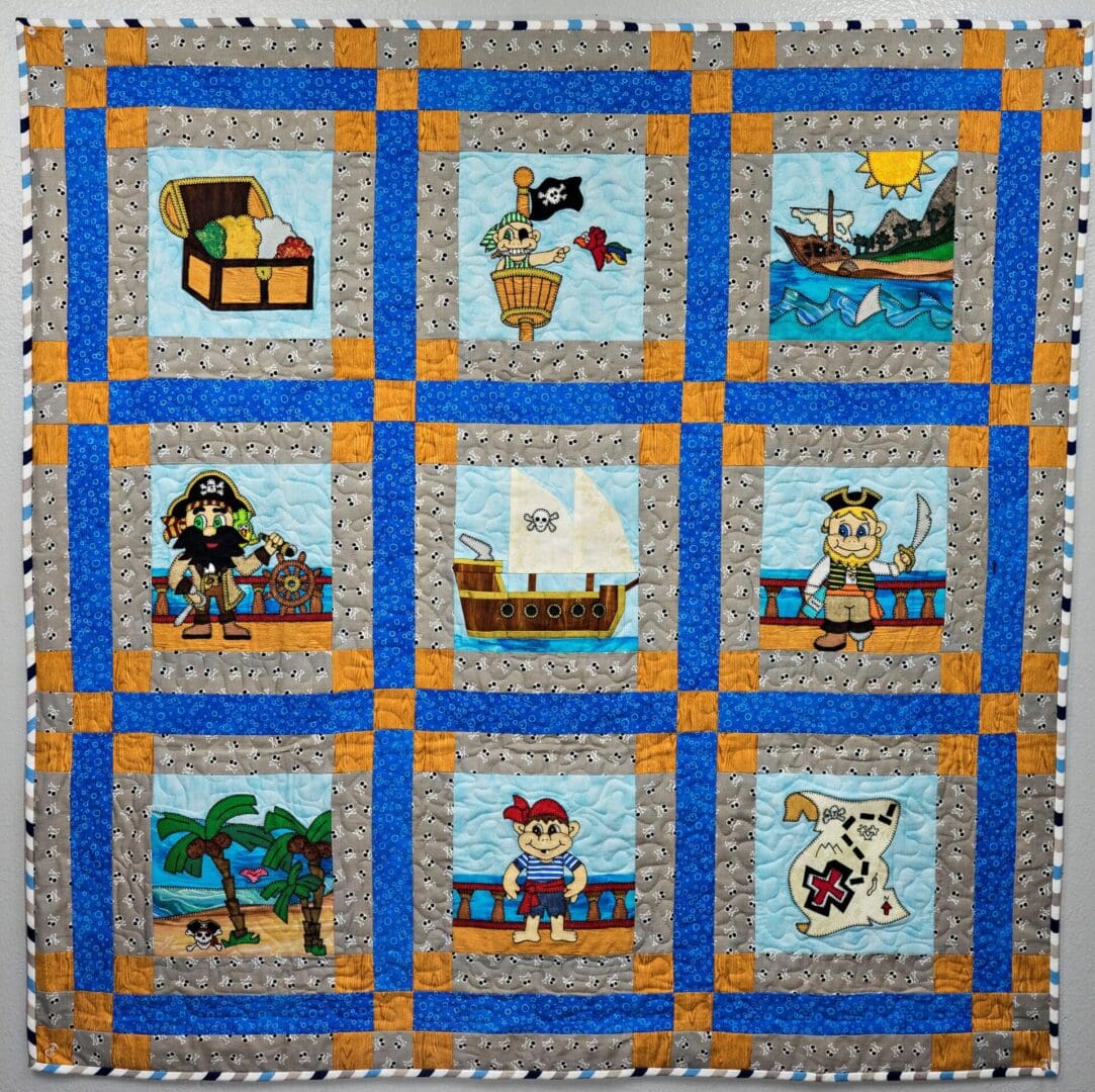 A quilt with pictures of pirates on it.