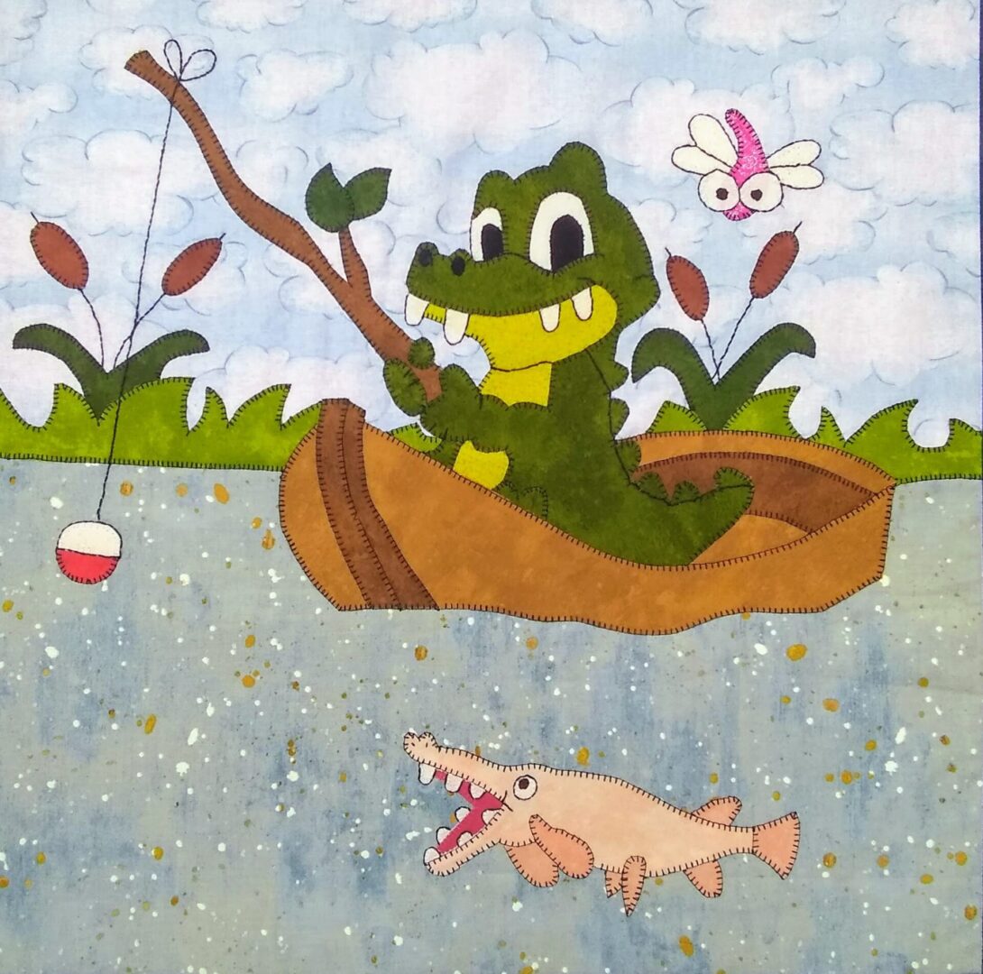 A cartoon of a crocodile fishing in the water.