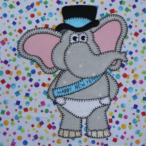 An Elephant - January with a top hat and confetti.