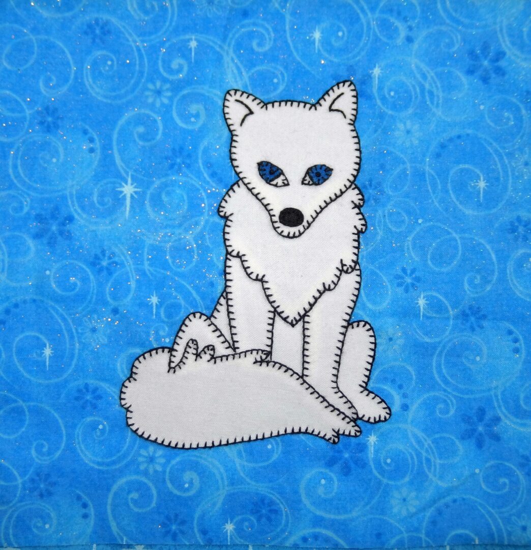 A white Artic Fox on a blue background.