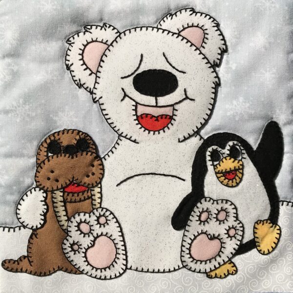 Two Polar Pals - Best Buddies and a penguin on a quilt block.