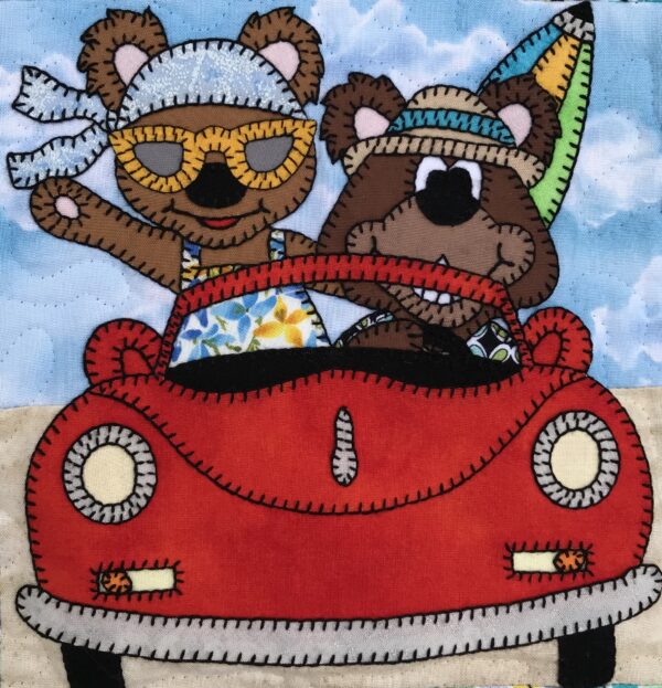 Two Grandma and Grandpa Bears riding in a red car.