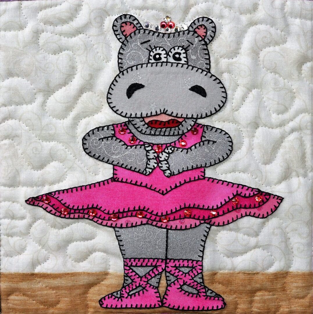 A Dance - Hippopotamus quilted wall hanging.