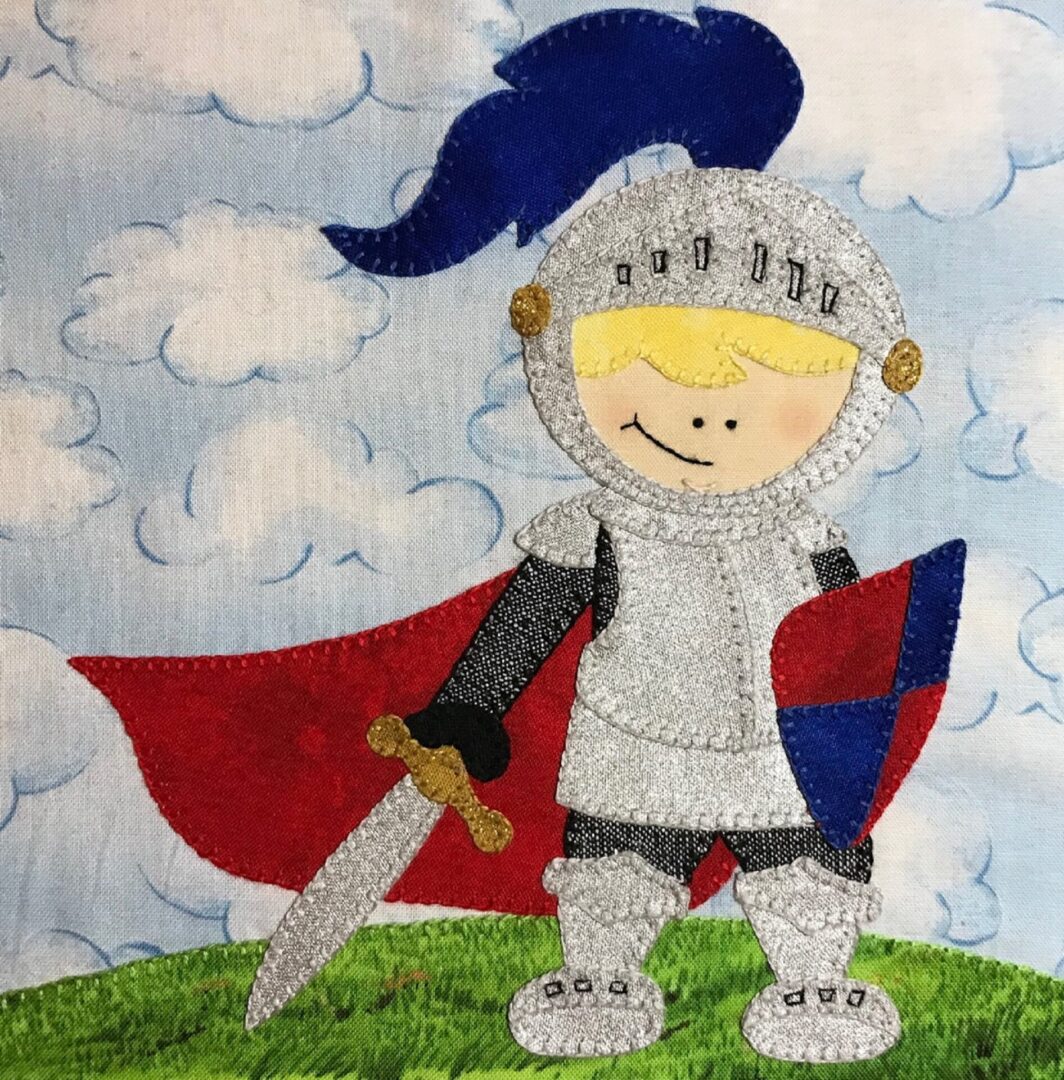 A boy in a Fairy Tale - Knight costume with a sword and shield.