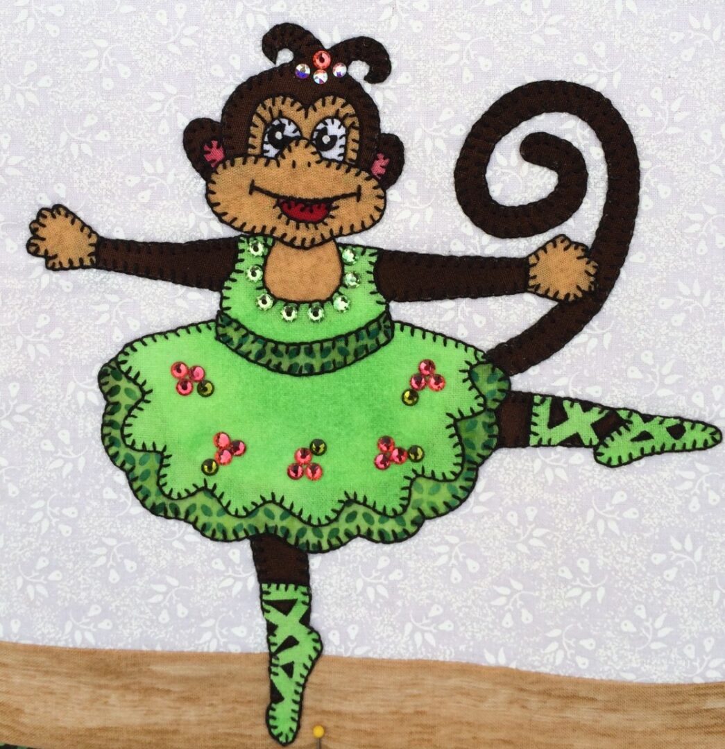 Dance - Monkey in a green dress is dancing on a wall.