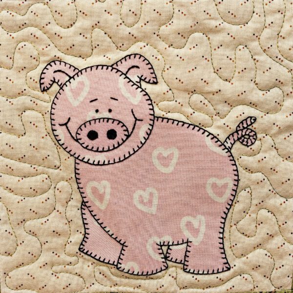 A pink Pig with hearts on a beige background.