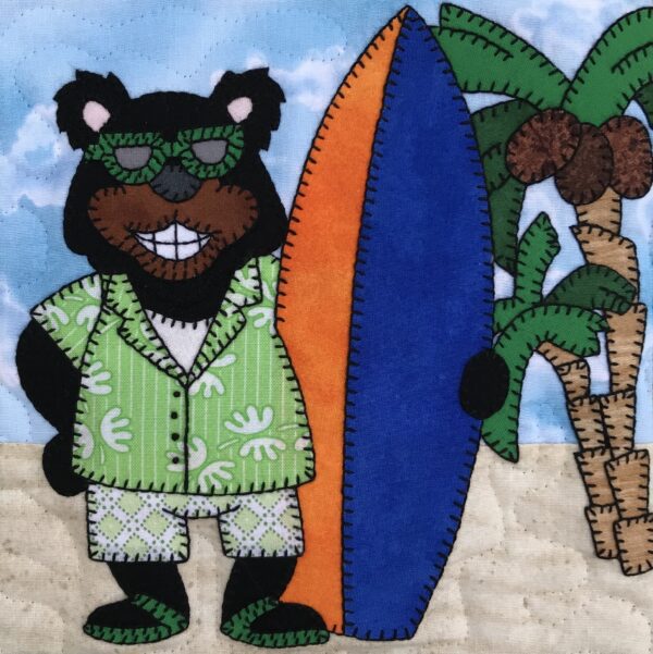 Papa Bear wearing sunglasses and holding a surfboard.