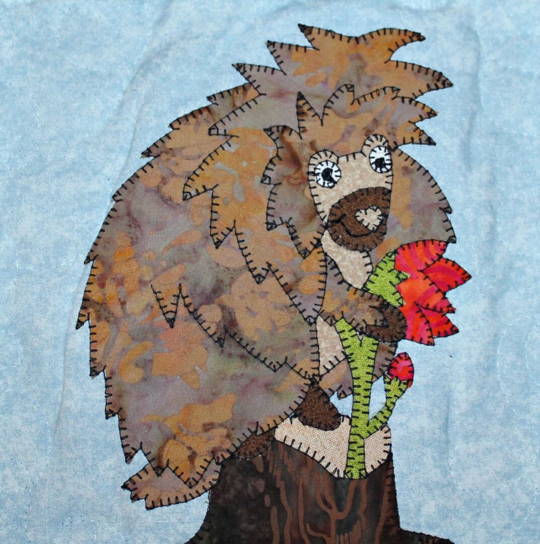 A porcupine holding a flower on a blue background.