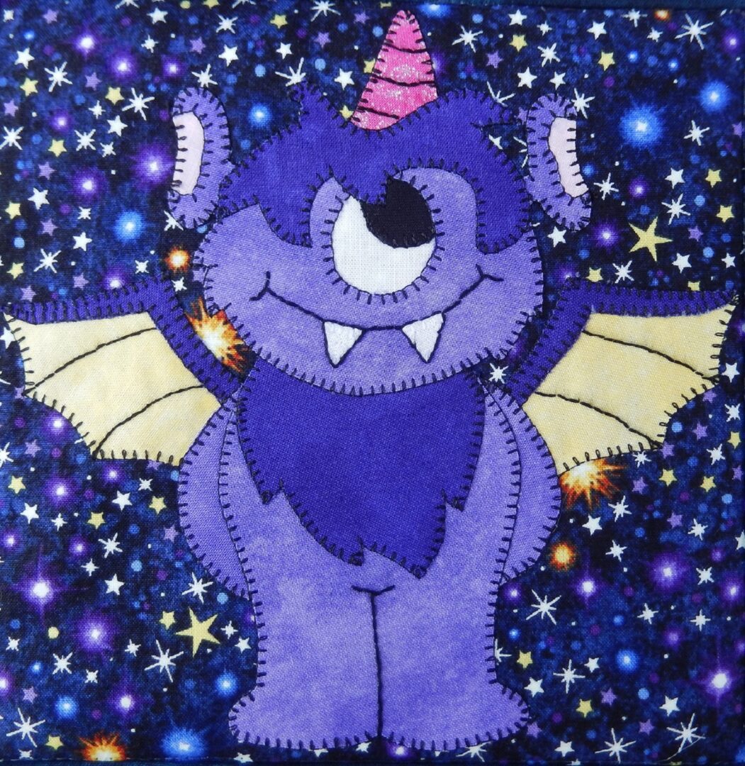 Space Race - Purple People Eater, a purple monster with wings on a starry background.