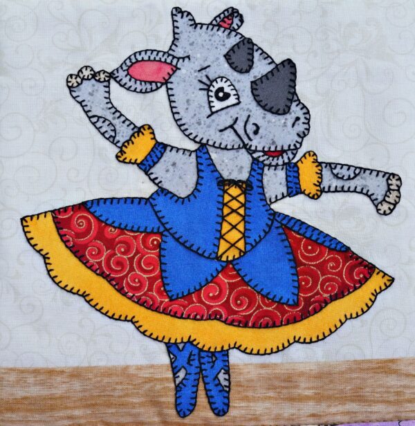 A giraffe in a blue dress is dancing on a Dance - Rhino.