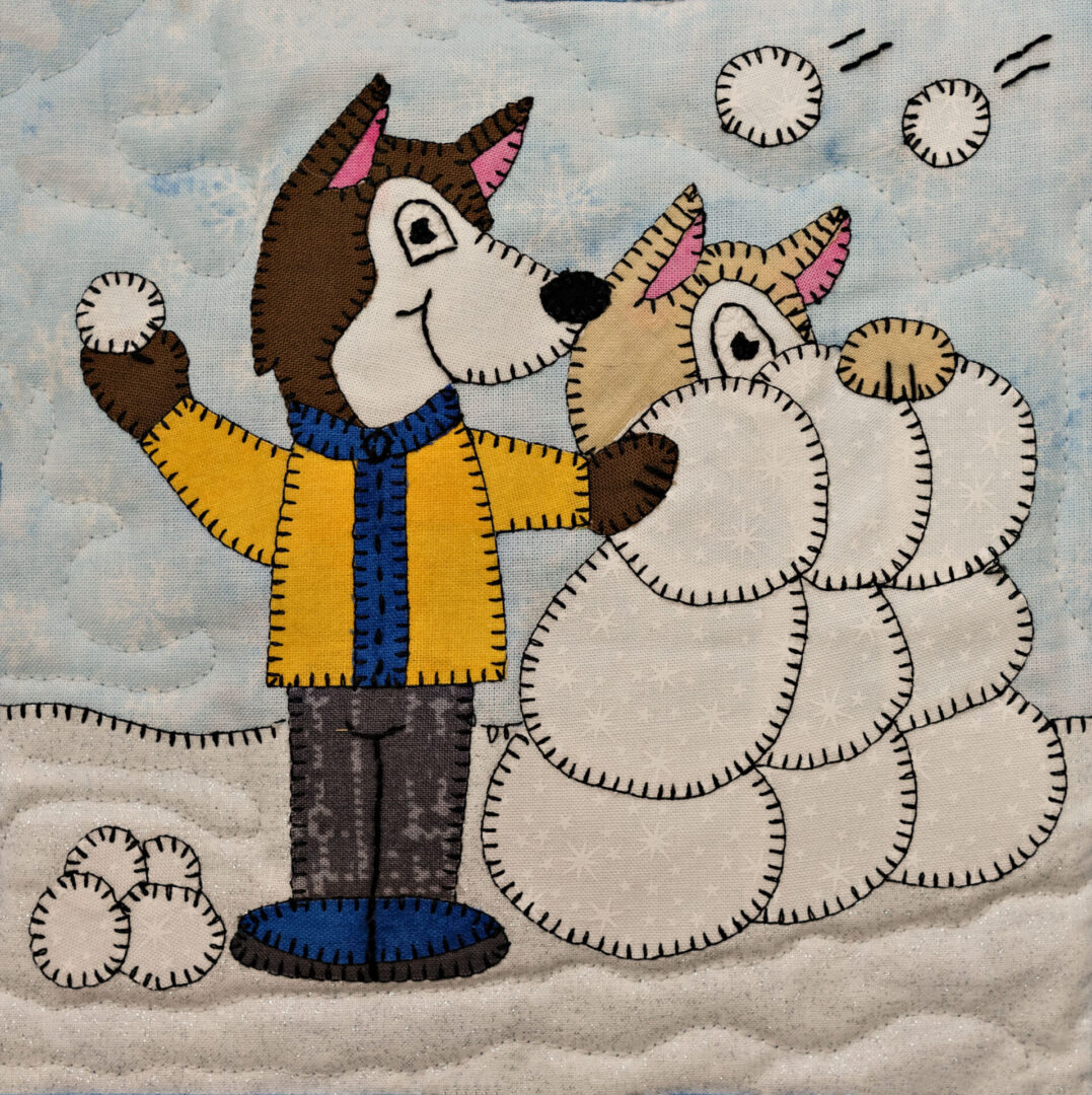 A snowman and a Husky - Snowball Fight playing with snowballs.