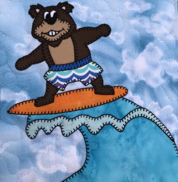 A Surfer Bear riding a wave on a surfboard.