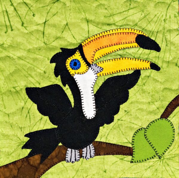 A Toucan sitting on a branch with a green background.