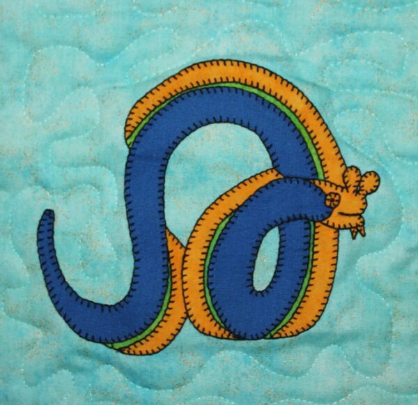 A Blue Ribbon Eel and yellow snake on a blue background.