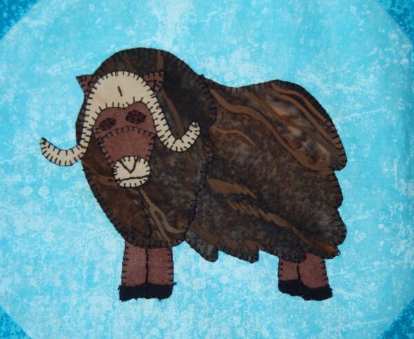 A musk ox on a blue background.