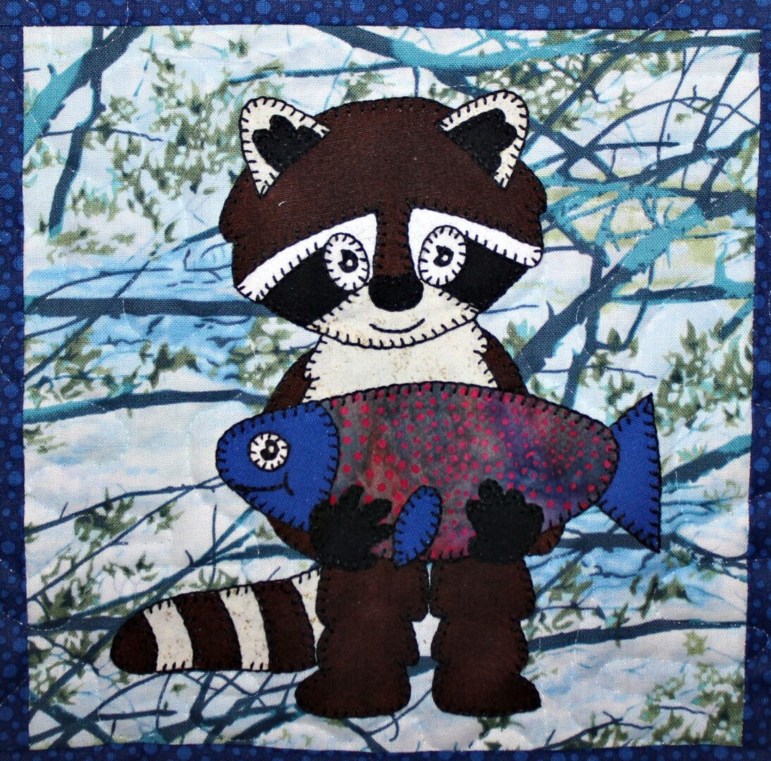 A Raccoon holding a fish on a blue background.