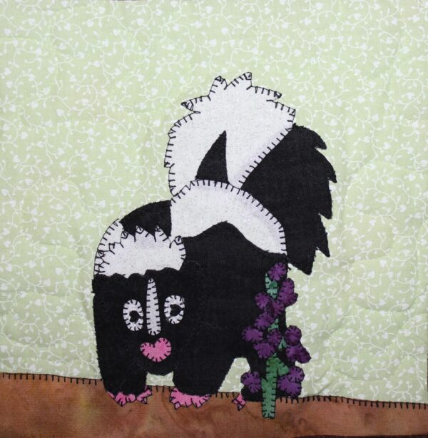 A black and white Skunk with flowers on a green background.