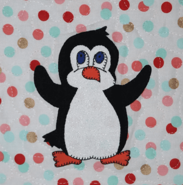 A Penguin on a polka dot background.